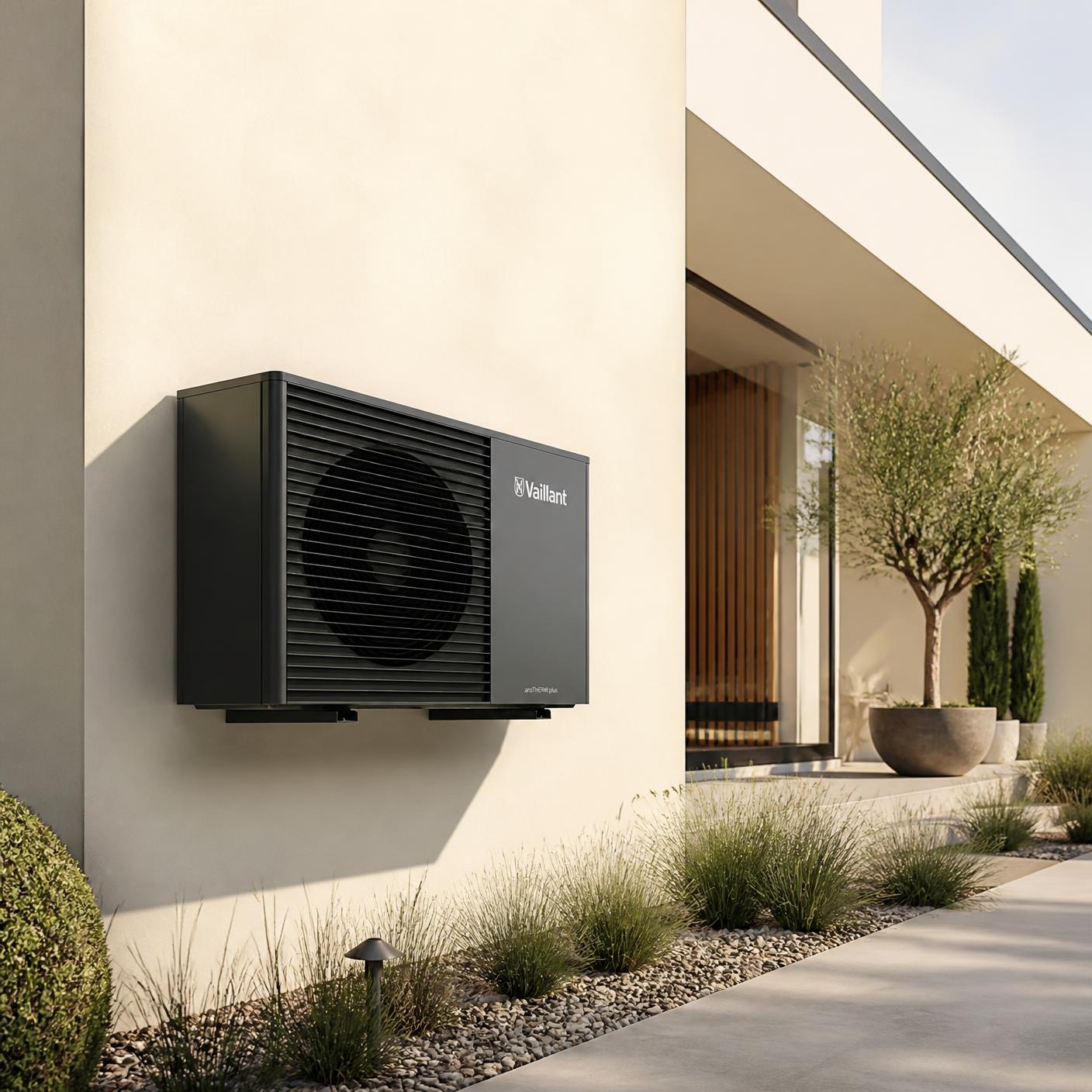 Modern air source heat pump on architectural wall
